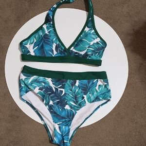 Tropical Green Leaf High-Waist Bikini Set